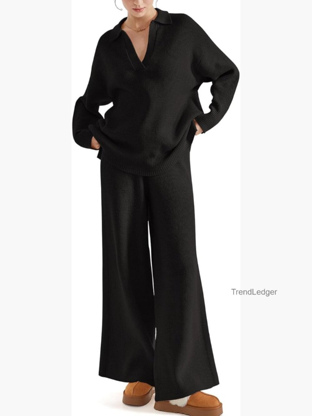 Waffle Knit Lounge Set, Loose Fit, Polyester Blend, Medium